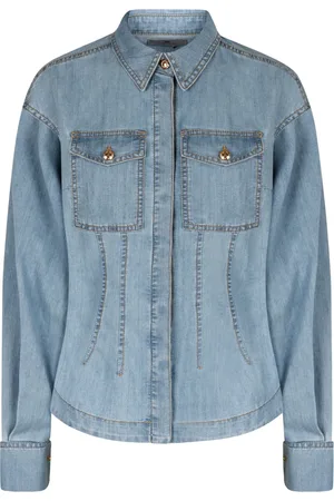 Elisabetta Franchi Bluser & Skjorter, Dame, Blå, S, Denim, Silke Denim Skjorte med Kontrastsyning