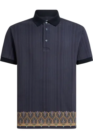 Etro Top, Herre, Blå, M, Bomuld, Midnight Stribet Polo Skjorte