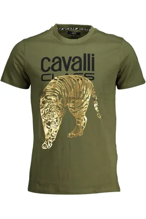 Roberto Cavalli Top, Herre, Grøn, XL, Trykt Logo Rund Hals T-Shirt