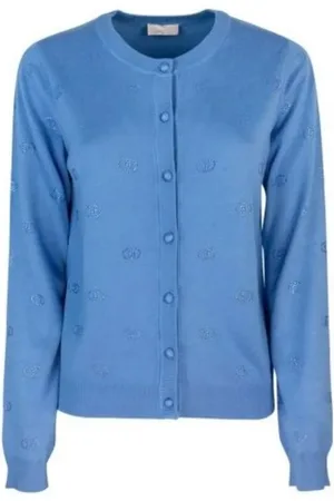 Liu Jo Strik, Dame, Blå, XL, Blå Cardigan med Strass Bogstaver
