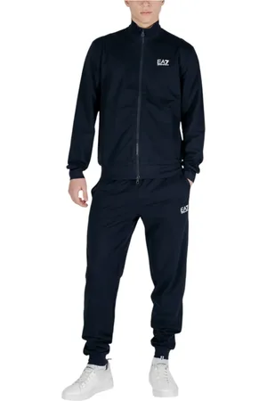 EA7 Sport, Herre, Blå, 3XL, Bomuld, Blå Bomuld Turtleneck Tracksuit med Lynlås