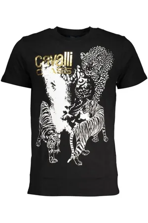 Roberto Cavalli Top, Herre, Sort, L, Bomuld, Sort Bomulds T-shirt med Tryk Logo
