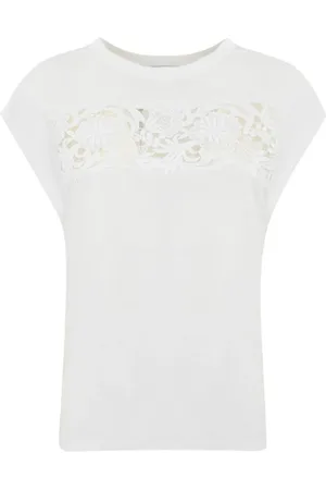 Twin-Set Top, Dame, Hvid, M, Bomuld, Blomstret broderet T-shirt