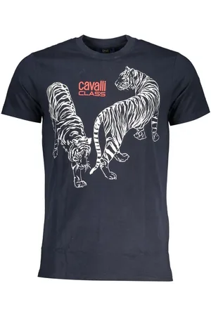 Roberto Cavalli Top, Herre, Blå, XL, Tryk Logo Rund Hals T-Shirt