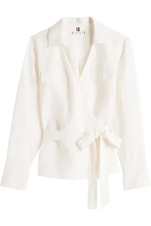 Tommy Hilfiger Bluser & Skjorter, Dame, Gul, L, Linned, Linned Wrap Bluse Ivory Petal