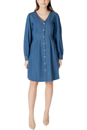 Ichi Kjole, Dame, Blå, L, Bomuld, Lysblå V-Neck Bomuldskjole