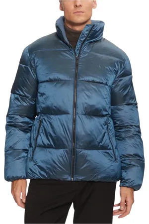 Calvin Klein Jakke, Herre, Blå, M, Uld, Blå Turtleneck Zip-Up Jakke med Lommer