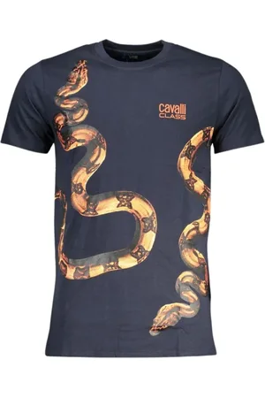 Roberto Cavalli Top, Herre, Blå, XL, Bomuld, Blå Bomuld Print Logo T-Shirt