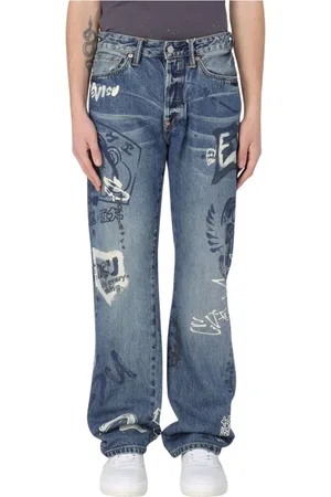 Evisu Jeans, Herre, Blå, W34, Denim, Graffiti Straight Leg Jeans