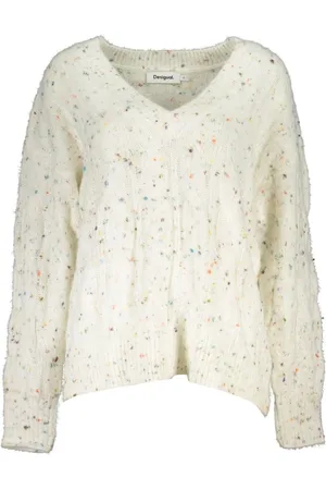 Desigual Strik, Dame, Hvid, L, Polyester, Elegant V-hals Pullover med Kontrastdetalje