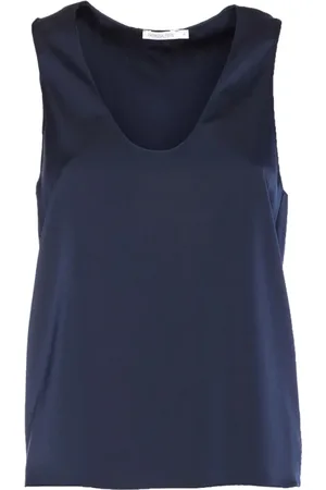 Patrizia Pepe Top, Dame, Blå, S, Satin, Blå Skinnende Satin Oval Hals Bluse