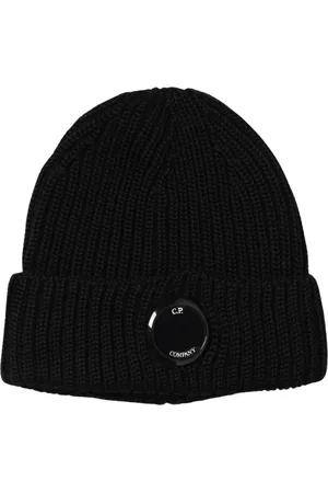 C.P. Company Tilbehør, Herre, Sort, ONE SIZE, Uld, Blå Ribstrikket Beanie med Linse