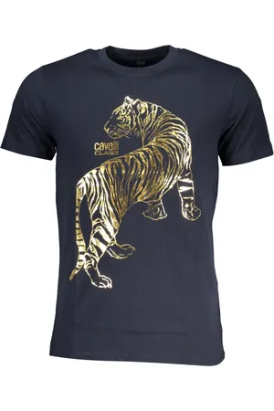Roberto Cavalli Top, Herre, Blå, XL, Blå T-shirt med kortærmet og logo