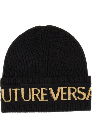 VERSACE Tilbehør, Herre, Sort, ONE SIZE, Uld, Logo Beanie Hat Uld Akryl Italien