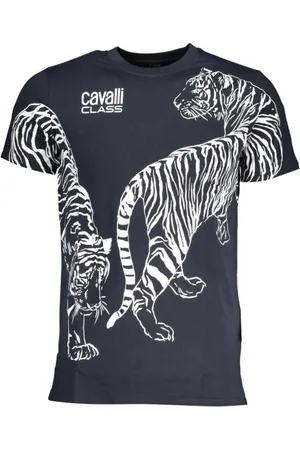Roberto Cavalli Top, Herre, Blå, L, Bomuld, Blå Bomuld Trykt Logo T-Shirt