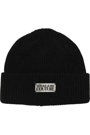 VERSACE Tilbehør, Herre, Sort, ONE SIZE, Uld, Sort RibStrik Logo Patch Beanie
