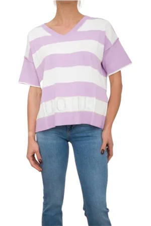 Liu Jo Top, Dame, Flerfarvet, L, Stribet V-hals sweater med nitter