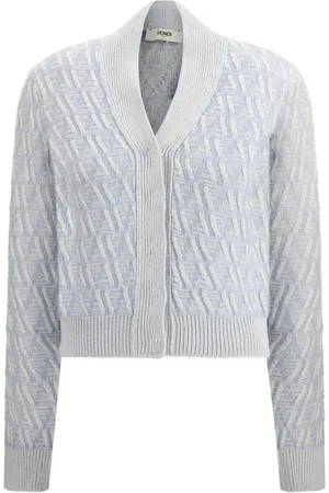 Fendi Strik, Dame, Blå, L, Silke Jacquard Strik Cardigan med Skjult Lukning