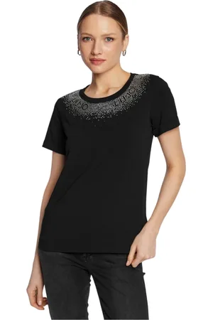 Liu Jo Top, Dame, Sort, 2XS, Bomuld, Sort T-shirt med korte ærmer og rhinsten