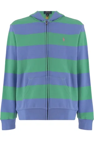 Ralph Lauren Sweathshirts & Hoodies, Herre, Flerfarvet, L, Bomuld, Stribet Lynlås Hættetrøje Grøn Blå