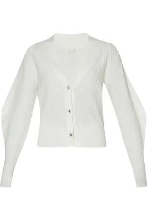 Liu Jo Strik, Dame, Hvid, XS, Uld, Hvid Ribstrikket Cardigan med Juvelknapper