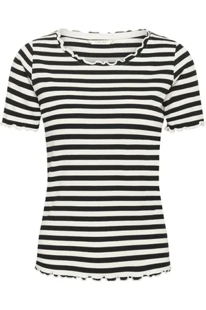 Cream Top, Dame, Sort, 2XL, Uld, Stribet Tee med Krøllede Kanter