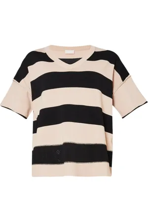 Liu Jo Strik, Dame, Flerfarvet, 2XS, Stribet V-hals sweater med nitter