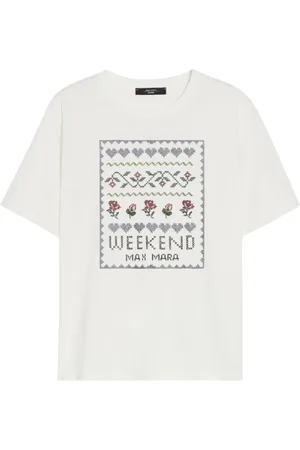 Max Mara Top, Dame, Hvid, L, Bomuld, Korssting Print Hvid T-Shirt