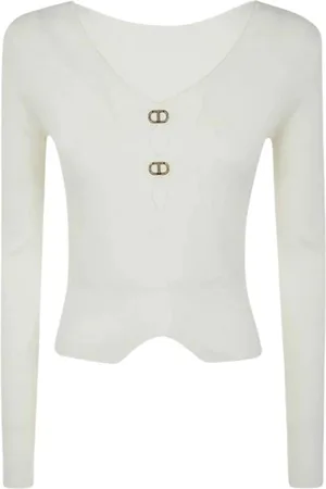 Twin-Set Strik, Dame, Hvid, L, Hvid V-hals Sweatshirt med Rhinestone Logo