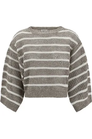 Brunello Cucinelli Strik, Dame, Grå, S, Linned, Perforeret Strikket Linnedbluse med Pailletdetaljer