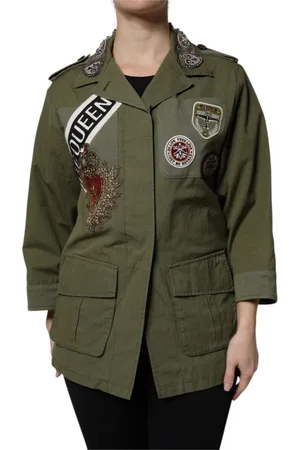 Dolce & Gabbana Jakke, Dame, Grøn, S, Bomuld, Militærgrøn Queen Embellished Coat Jacket