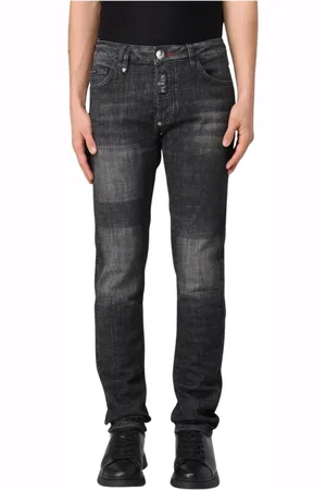 Philipp Plein Jeans, Herre, Grå, W31, Bomuld, Grå Distressed Slim Fit Jeans