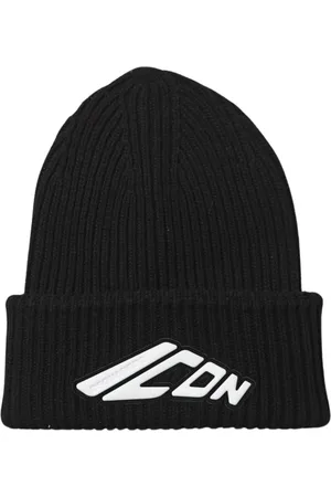 Dsquared2 Tilbehør, Herre, Sort, ONE SIZE, Uld, Sort Ribstrikket Beanie med Logo Patch