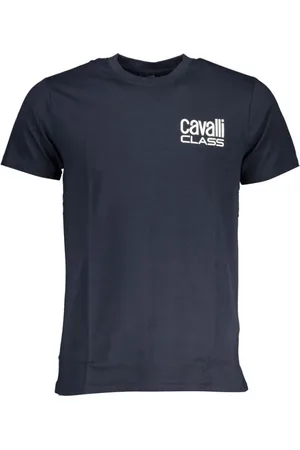 Roberto Cavalli Top, Herre, Blå, 2XL, Tryk Logo Rund Hals T-Shirt
