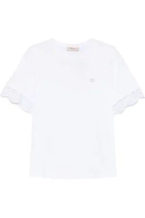 Twin-Set Top, Dame, Hvid, L, Bomuld, Hvid Bomuld T-Shirt med Macramé