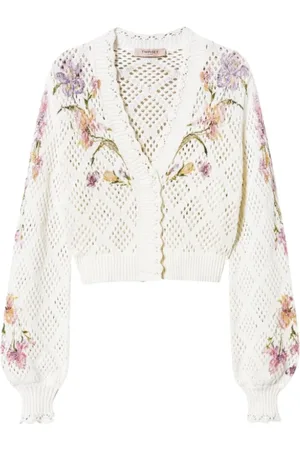 Twin-Set Strik, Dame, Hvid, XS, Bomuld, Ivory Blomstret Cardigan