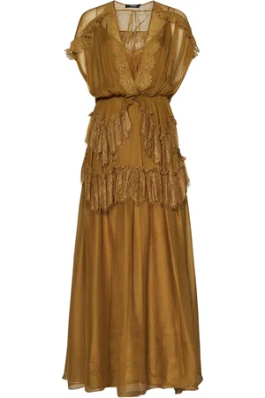 AMEN Kjole, Dame, Brun, M, Elegant Gul Silke Georgette Kjole