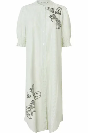 Masai Kjole, Dame, Grøn, XL, Bomuld, Stribet skjortekjole med broderede blomster