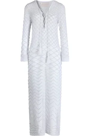 CIRCUS HOTEL Kjole, Dame, Hvid, S, Lang Kaftan Kjole med Front Flettet Lukning og Paillet Pynt