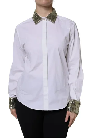 Dolce & Gabbana Bluser & Skjorter, Dame, Hvid, S, Bomuld, Hvid Paillet Langærmet Skjorte Top