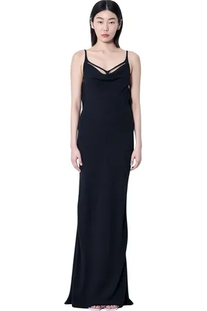 MUGLER Kjole, Dame, Sort, S, Uld, V-hals Maxi Kjole med Bagrem