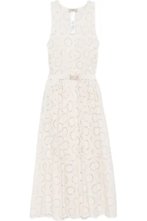 Twin-Set Kjole, Dame, Hvid, S, Bomuld, Elegant V-Neck Kjole med Broderede Detaljer