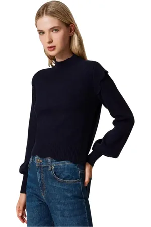 Twin-Set Strik, Dame, Blå, L, Uld, Højhalset sweater i blå