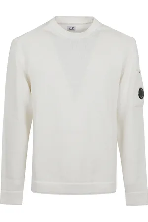 C.P. Company Strik, Herre, Hvid, XL, Bomuld, Hvid Crew Neck Sweater med Linse Lomme