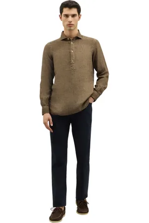 Boglioli Skjorte, Herre, Grøn, 2XL, Linned, Tøjfarvet Linned Polo Skjorte