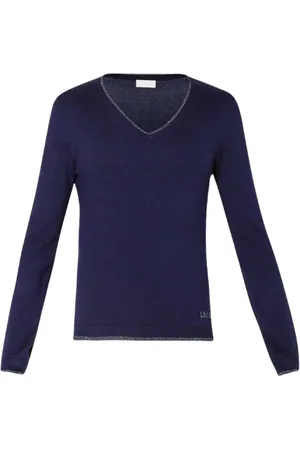Liu Jo Strik, Dame, Blå, L, Blå V-hals sweater med rhinsten logo