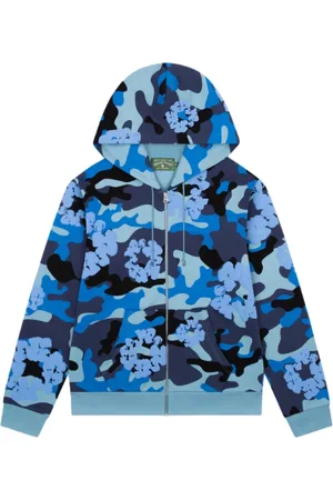 DENIM TEARS Sweathshirts & Hoodies, Herre, Blå, XL, Bomuld, Blå Camo Krans Lynlås Hættetrøje