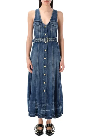 Ganni Kjole, Dame, Blå, XS, Denim, Denim V-Neck Midi Kjole med Bælte