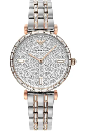 Emporio Armani Tilbehør, Dame, Grå, ONE SIZE, Krystalbelagt tofarvet ur