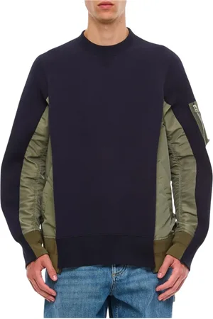 SACAI Sweathshirts & Hoodies, Herre, Flerfarvet, S, Uld, Blå Hybrid Crew Neck Sweater